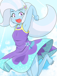 Size: 1668x2224 | Tagged: safe, alternate version, artist:batipin, trixie, human, equestria girls, g4, clothes, cute, diatrixes, dress, eyebrows, feet, female, hairpin, looking at you, open mouth, open smile, smiling, smiling at you, solo