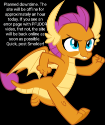 Size: 1280x1531 | Tagged: safe, artist:cloudy glow, edit, smolder, dragon, derpibooru, g4, black background, dragoness, female, fist, meta, planned downtime, running, simple background, solo, text edit