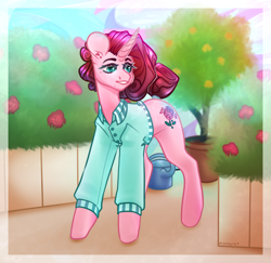 Size: 4000x3894 | Tagged: safe, artist:dreamyrat, oc, oc only, pony, unicorn, blue eyes, commission, greenhouse, horn, open mouth, open smile, pink hair, smiling, solo, unicorn oc