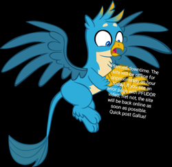 Size: 350x342 | Tagged: safe, edit, gallus, griffon, derpibooru, g4, black background, gallusposting, holding sign, male, meta, planned downtime, simple background, solo, text edit