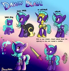 Size: 1024x1063 | Tagged: safe, artist:princessfaeron, oc, oc only, oc:dawn blade, pony, unicorn, armor, clothes, dress, female, gala dress, gradient background, horn, magic, mare, reference sheet, shield, solo, sword, unicorn oc, weapon