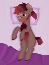 Size: 2640x3497 | Tagged: safe, artist:embermare, artist:emberstoneeqf, oc, oc only, earth pony, pony, beard, bed, bedroom eyes, bedsheets, blanket, blushing, chest fluff, commission, earth pony oc, facial hair, glasses, high res, looking at you, lying down, simple background, solo