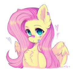 Size: 938x856 | Tagged: safe, artist:lerkfruitbat, fluttershy, pegasus, pony, g4, bandaid, bandaid on nose, bust, chest fluff, cute, ear fluff, female, fluffy, heart, looking at you, mare, partially open wings, shyabetes, sidemouth, signature, simple background, smiling, smiling at you, solo, three quarter view, tongue out, white background, wing fluff, wings