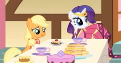 Size: 2160x1123 | Tagged: safe, screencap, applejack, rarity, earth pony, pony, unicorn, a bird in the hoof, g4, cake, clothes, cup, dress, female, food, gala dress, gown, licking, licking lips, missing accessory, odd one out, plate, rarity's first gala dress, sandwich, table, teacup, tongue out