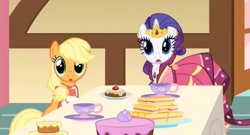 Size: 2132x1155 | Tagged: safe, screencap, applejack, rarity, earth pony, pony, unicorn, a bird in the hoof, g4, bandana, cake, clothes, crown, cup, cute, dress, food, gala dress, gown, jackabetes, jewelry, missing accessory, odd one out, open mouth, raribetes, rarity's first gala dress, regalia, sandwich, surprised, table, teacup