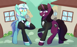 Size: 2600x1600 | Tagged: safe, artist:2k.bugbytes, lyra heartstrings, oc, oc:heart drive, pony, unicorn, g4, bowtie, butt freckles, clothes, commission, detailed background, duo, duo female, female, freckles, gentlemare lyra, glasses, horn, mare, ponybooru mascot, raised hoof, raised leg, smiling, tuxedo, unicorn oc