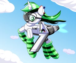 Size: 2000x1667 | Tagged: safe, artist:trackheadtherobopony, oc, oc only, oc:greenish fury, original species, plane pony, adfx-01, butt engines, clothes, flying, jet, plane, socks, solo, striped socks