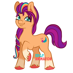 Size: 2000x2000 | Tagged: safe, artist:edgyanimator, sunny starscout, earth pony, pony, g5, coat markings, cute, ear fluff, female, firealpaca, green eyes, high res, looking at you, mane stripe sunny, mare, markings, orange coat, purple hair, raised hoof, simple, simple background, smiling, smiling at you, socks (coat markings), solo, sunnybetes, unshorn fetlocks, white background