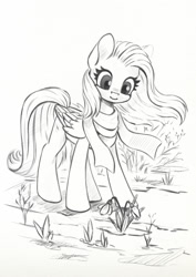 Size: 780x1100 | Tagged: safe, artist:maytee, fluttershy, pegasus, pony, g4, clothes, commission, flower, grayscale, monochrome, scarf, simple background, sketch, solo, ych sketch, your character here