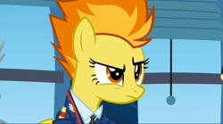 Size: 2160x1202 | Tagged: safe, screencap, spitfire, pegasus, pony, g4, wonderbolts academy, captain of the wonderbolts, clothes, drill sergeant, female, necktie, office, spitfire's office, spitfire's tie, suit, uniform, window, wonderbolts dress uniform