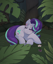 Size: 1472x1789 | Tagged: safe, artist:2k.bugbytes, starlight glimmer, pony, unicorn, g4, bush, cute, eyes closed, female, flower, flower in hair, forest, glimmerbetes, grass, jungle, lying down, mare, moss, outdoors, plant, prone, sleeping, solo, tree, vine