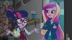 Size: 2160x1200 | Tagged: safe, screencap, dean cadance, sci-twi, twilight sparkle, human, equestria girls, g4, my little pony equestria girls: friendship games, clothes, crystal prep academy, crystal prep academy uniform, duo, female, glasses, necktie, school, school tie, school uniform, schoolgirl, uniform