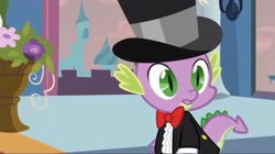 Size: 2160x1209 | Tagged: safe, screencap, spike, dragon, a canterlot wedding, g4, bowtie, canterlot, canterlot castle, clothes, cuffs (clothes), force field, formal wear, hat, male, ring bearer, royal wedding, ruffled shirt, shocked, spike's first bow tie, suit, surprised, tailcoat, top hat, tuxedo, wedding