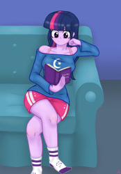 Size: 1280x1840 | Tagged: safe, artist:lennondash, twilight sparkle, twilight twinkle, human, equestria girls, g4, book, clothes, collarbone, couch, crossed legs, cutie mark on clothes, missing shoes, reading, shirt, shorts, socks, solo, stocking feet