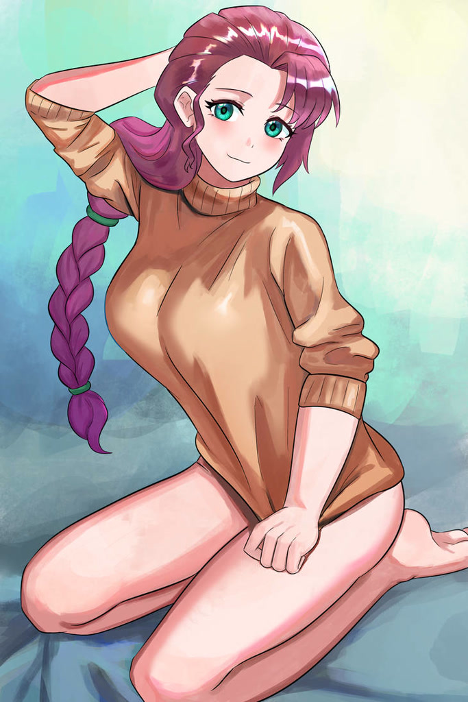 [artist:tzc,barefoot,blushing,breasts,clothes,cute,feet,female,g5,human,humanized,kneeling,safe,solo,sweater,gradient background,light skin,schrödinger's pantsu,sunnybetes,sunny starscout,busty sunny starscout]