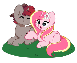 Size: 2676x2180 | Tagged: safe, artist:kittyrosie, oc, oc only, oc:rosa flame, pony, unicorn, flower, flower in hair, high res, horn, oc x oc, open mouth, shipping, simple background, transparent background, unicorn oc