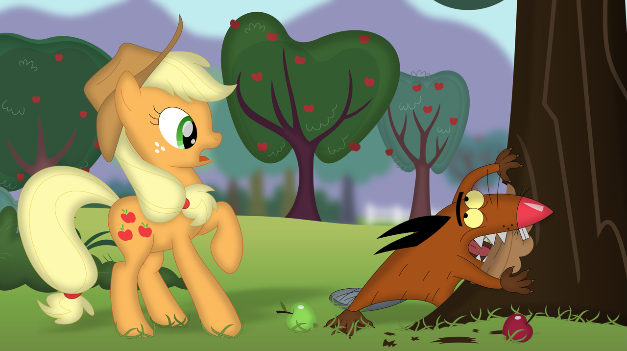 3145962 - safe, artist:fanvideogames, applejack, bear, beaver, bird, cat,  earth pony, owl, pony, g4, angry birds, angry birds stella, bubbles (angry  birds), dahlia (angry birds), disco bear, female, garfield, handy, happy  tree