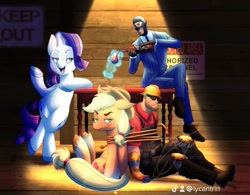 Size: 1382x1080 | Tagged: safe, artist:lycantrin, applejack, rarity, earth pony, human, pony, unicorn, g4, alcohol, applejack is not amused, blushing, colored hooves, crossover, dim light, dramatic lighting, engineer, engineer (tf2), magic, signs, spy, spy (tf2), standing, standing on two hooves, team fortress 2, telekinesis, tied up, unamused, unshorn fetlocks, wine