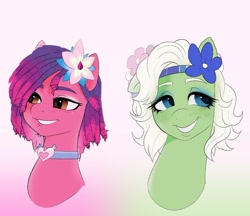 Size: 1022x883 | Tagged: safe, artist:aztrial, minty (g5), ruby jubilee, earth pony, pony, g5, beautiful, collar, dreadlocks, flower, flower in hair, gradient background, grin, headband, heart, smiling