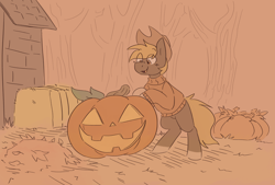 Size: 2846x1920 | Tagged: safe, artist:2k.bugbytes, oc, oc only, oc:acres, earth pony, pony, clothes, cowboy hat, earth pony oc, halloween, hat, hay bale, holiday, jack-o-lantern, leaf pile, male, open mouth, open smile, pumpkin, smiling, solo, stallion, stetson, sweater