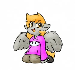 Size: 1378x1296 | Tagged: safe, artist:zutcha, derpy hooves, pegasus, semi-anthro, g4, arm hooves, clothes, eye clipping through hair, fall guys, female, hoodie, kneeling, mare, open mouth, open smile, simple background, smiling, solo, white background