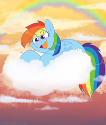 Size: 1920x2249 | Tagged: safe, artist:2k.bugbytes, rainbow dash, pegasus, pony, g4, cloud, cloudy, female, folded wings, lying down, lying on a cloud, mare, on a cloud, open mouth, prone, rainbow, solo, wings