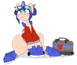 Size: 2064x1742 | Tagged: safe, artist:2k.bugbytes, kotobukiya, earth pony, pony, clothes, crossover, female, goggles, jacket, mare, optimus prime, ponified, rule 63, shoes, simple background, sitting, smiling, solo, toolbox, transformers, transparent background