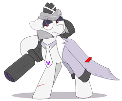 Size: 2222x1830 | Tagged: safe, artist:2k.bugbytes, kotobukiya, earth pony, pony, clothes, crossover, eye scar, facial scar, female, gun, hat, jacket, mare, megatron, necktie, ponified, rule 63, scar, simple background, solo, transformers, transparent background, weapon