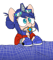 Size: 864x978 | Tagged: safe, artist:2k.bugbytes, kotobukiya, earth pony, pony, blanket, blushing, clothes, crossover, female, goggles, jacket, mare, matrix of leadership, mouth hold, optimus prime, ponified, rule 63, shoes, simple background, transformers, transparent background
