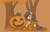 Size: 3000x1920 | Tagged: safe, artist:2k.bugbytes, oc, oc only, oc:flash reboot, pony, unicorn, clothes, eyes closed, female, grin, halloween, holiday, horn, jack-o-lantern, jacket, mare, pumpkin, sitting, smiling, socks, solo, tree, unicorn oc