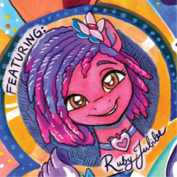 Size: 402x402 | Tagged: safe, artist:sophie scruggs, idw, official comic, screencap, ruby jubilee, pony, g5, my little pony: bridlewoodstock, spoiler:comic, spoiler:g5comic, bridlewoodstock, choker, comic, comic cover, dreadlocks, female, flower, flower in hair, grin, heart, looking at you, mare, offscreen character, smiling, solo focus