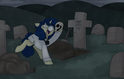 Size: 3000x1920 | Tagged: safe, artist:2k.bugbytes, oc, oc only, oc:flash reboot, pony, unicorn, bag, clothes, fangs, female, goggles, grave robbing, gravestone, graveyard, horn, lab coat, mare, open mouth, raised leg, shovel, skull, solo, unicorn oc