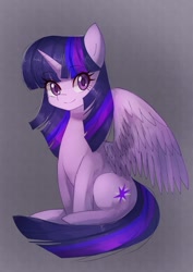 Size: 868x1228 | Tagged: safe, artist:plusplus_pony, twilight sparkle, alicorn, pony, g4, eyebrows, eyebrows visible through hair, female, gradient background, looking at you, mare, sitting, smiling, smiling at you, solo, twilight sparkle (alicorn)