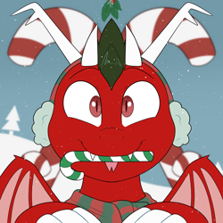 Size: 2000x2000 | Tagged: safe, artist:2k.bugbytes, oc, oc only, oc:dragonfire(havock), dracony, dragon, hybrid, bust, candy, candy cane, christmas, clothes, commission, cute, cute little fangs, dracony oc, earmuffs, fangs, food, high res, holiday, holly, holly mistaken for mistletoe, looking at you, male, mouth hold, portrait, scarf, smiling, snow, snowfall, solo, tongue out, ych result