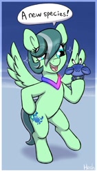 Size: 676x1200 | Tagged: safe, artist:heretichesh, oc, oc only, crab, pegasus, pony, bipedal, eye clipping through hair, female, mare, open mouth, open smile, pegasus oc, smiling, solo, sparkles, speech bubble, spread wings, wings