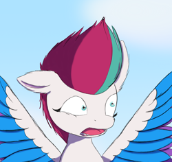 Size: 1800x1700 | Tagged: safe, artist:php176, derpibooru exclusive, zipp storm, pegasus, pony, g5, blue background, cloud, colored wings, female, flying, mare, one ear down, open mouth, pinpoint eyes, shading, shocked, shocked expression, simple background, sky, solo, spread wings, teeth, wings