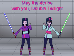 Size: 800x600 | Tagged: safe, artist:leo296, sci-twi, twilight sparkle, human, equestria girls, g4, duo, female, humanized, kisekae, lightsaber, star wars, twolight, weapon