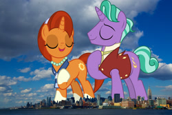 Size: 2048x1365 | Tagged: safe, artist:dashiesparkle, edit, editor:jaredking779, firelight, stellar flare, pony, unicorn, g4, attack on pony, coat markings, duo, eyes closed, female, giant pony, giantess, highrise ponies, irl, jewelry, macro, male, manhattan, mare, necklace, new york, new york city, pearl necklace, photo, ponies in real life, socks (coat markings), stallion, story included