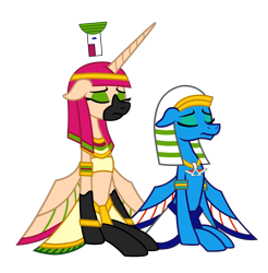 Size: 2716x2756 | Tagged: safe, artist:bsw421, oc, oc only, oc:nephthys, oc:prince scarab, alicorn, pegasus, pony, alicorn oc, armband, bra, bracelet, clothes, egyptian, egyptian headdress, egyptian pony, eyelashes, headdress, high res, horn, jewelry, loincloth, makeup, necklace, pegasus oc, sad, simple background, skirt, transparent background, vector, wings