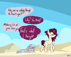 Size: 2492x2013 | Tagged: safe, artist:pinkberry, oc, oc:mulberry merlot, oc:winter azure, pony, unicorn, braces, colt, desert, female, femboy, foal, high res, implied breastfeeding, implied watersports, male, mare, sweat, trap, walking