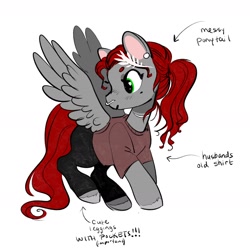 Size: 2400x2400 | Tagged: safe, artist:opalacorn, oc, oc only, oc:void, pegasus, pony, clothes, female, high res, laurel wreath, male, mare, nose piercing, nose ring, pants, pegasus oc, piercing, shirt, simple background, solo, spread wings, text, unshorn fetlocks, white background, wings