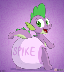 Size: 1600x1800 | Tagged: safe, artist:the-bluepup, spike, dragon, g4, baby, baby dragon, back, butt, cute, diaper, diaper butt, diapered, looking back, male, open mouth, open smile, poofy diaper, purple, purple background, rear view, simple background, smiling, solo, spikabetes