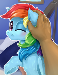 Size: 2121x2740 | Tagged: safe, artist:skikey, rainbow dash, human, pegasus, pony, g4, bed, blushing, cheek fluff, cute, dashabetes, ear fluff, ear scratch, female, first person view, hand, high res, leg fluff, looking at you, looking back, looking back at you, mare, offscreen character, offscreen human, one eye closed, pov, raised hoof, shoulder fluff, signature, smiling, smiling at you, underhoof