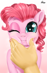 Size: 1800x2740 | Tagged: safe, artist:skikey, pinkie pie, earth pony, human, pony, g4, :3, cheek squish, cute, diapinkes, eye reflection, eyelashes, female, first person view, gradient background, hand, high res, looking at you, mare, offscreen character, offscreen human, one eye closed, ponk, pov, reflection, signature, smiling, smiling at you, squeezing, squishy cheeks