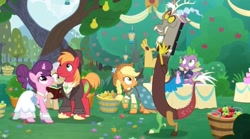 Size: 2160x1199 | Tagged: safe, screencap, applejack, big macintosh, discord, mayor mare, spike, sugar belle, draconequus, dragon, earth pony, pony, unicorn, g4, the big mac question, apple, apple tree, applejack's country dress, bolo tie, book, bowtie, cake, clothes, cowboy hat, dress, female, food, formal wear, hat, intertwined trees, lantern, male, mare, marriage, pear, pear tree, shirtless shirt collar, spike's second bow tie, stallion, suit, surprised, sweet apple acres, table, tree, tuxedo, vest, wedding dress