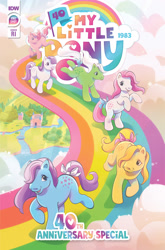 Size: 2063x3131 | Tagged: safe, artist:alexa cordeiro, idw, official comic, blossom, blue belle, butterscotch (g1), cotton candy (g1), minty (g1), snuzzle, earth pony, pony, g1, my little pony 40th anniversary special, official, spoiler:comic, 40th anniversary, castle, cloud, comic cover, cover, cover art, dream castle, female, high res, mare, my little pony logo, original six, rainbow, river, sky, text, water
