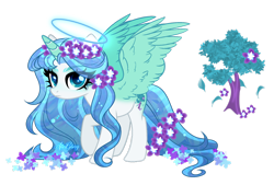 Size: 1920x1300 | Tagged: safe, artist:afterglory, oc, oc only, alicorn, pony, alicorn oc, female, flower, flower in hair, flower in tail, halo, horn, magical lesbian spawn, mare, offspring, parent:fluttershy, parent:rarity, parents:flarity, simple background, solo, tail, transparent background, wings