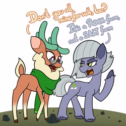 Size: 3000x3000 | Tagged: safe, artist:mrneo, cashmere (tfh), limestone pie, deer, earth pony, pony, reindeer, them's fightin' herds, g4, clothes, cloven hooves, community related, crossover, duo, glasses, high res, rock, rock farm, scarf, simple background, white background