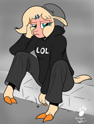 Size: 1086x1425 | Tagged: safe, artist:duragan, oc, oc:shio (hitsuji), alpaca, anthro, them's fightin' herds, annoyed, beanie, cigarette, clothes, community related, female, gray background, hat, hoodie, looking at you, simple background, sitting on floor, solo, sulking, unamused