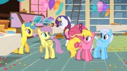 Size: 2160x1206 | Tagged: safe, screencap, cherry berry, lemon hearts, linky, parasol, rarity, shoeshine, earth pony, pegasus, pony, unicorn, a bird in the hoof, g4, animation error, background pony, balloon, cake, clothes, cup, dress, food, gala dress, gown, odd one out, pie, rarity's first gala dress, sugarcube corner, table, teacup